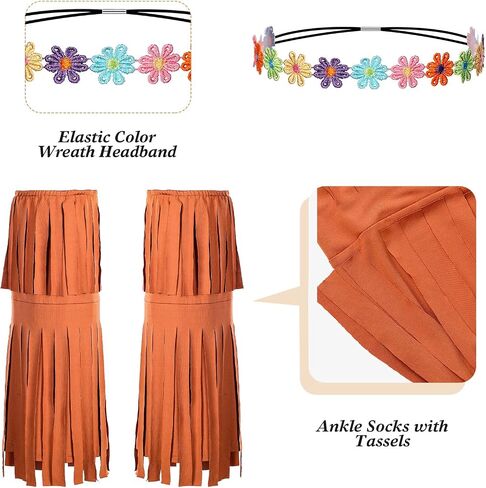 Zhanmai 70s Hippie Women Costume Disco Dress Outfit Flower Headband Ankle Socks Peace Sign for Ladies Costume Cosplay Party in Saudi Arabia