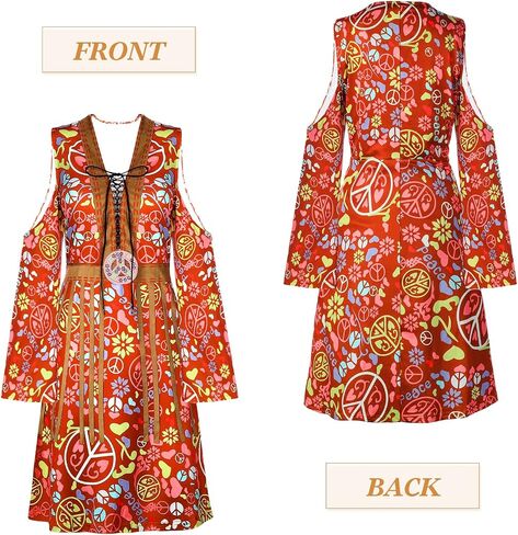 Zhanmai 70s Hippie Women Costume Disco Dress Outfit Flower Headband Ankle Socks Peace Sign for Ladies Costume Cosplay Party in Saudi Arabia