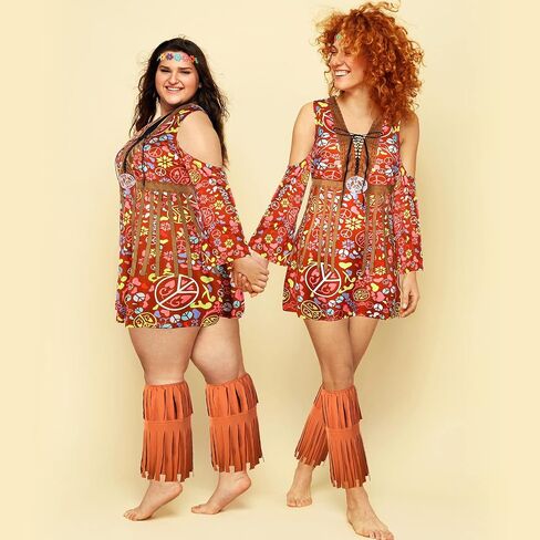 Zhanmai 70s Hippie Women Costume Disco Dress Outfit Flower Headband Ankle Socks Peace Sign for Ladies Costume Cosplay Party in Saudi Arabia