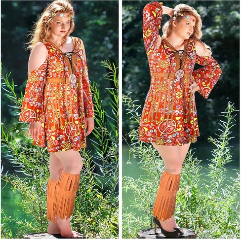 Zhanmai 70s Hippie Women Costume Disco Dress Outfit Flower Headband Ankle Socks Peace Sign for Ladies Costume Cosplay Party in Saudi Arabia