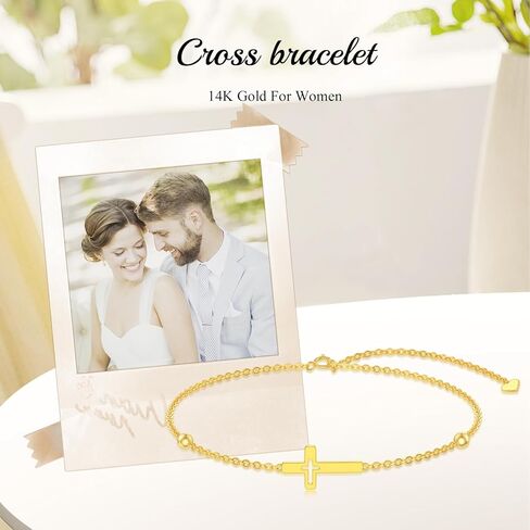 Silwan 14K الذهب الصليب سوار للنساء، الذهب الأصفر قابل للتعديل المعتقد الديني الصليب أساور الخرزة ربط سوار غرامة المجوهرات الهدايا لزوجتها أمي ابنة، 6.5 + 1 + 1 بوصة in Kuwait