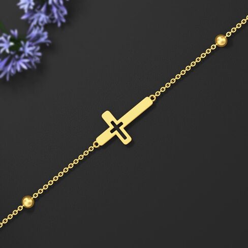 Silwan 14K الذهب الصليب سوار للنساء، الذهب الأصفر قابل للتعديل المعتقد الديني الصليب أساور الخرزة ربط سوار غرامة المجوهرات الهدايا لزوجتها أمي ابنة، 6.5 + 1 + 1 بوصة in Kuwait