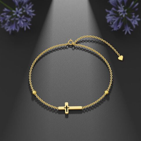 Silwan 14K الذهب الصليب سوار للنساء، الذهب الأصفر قابل للتعديل المعتقد الديني الصليب أساور الخرزة ربط سوار غرامة المجوهرات الهدايا لزوجتها أمي ابنة، 6.5 + 1 + 1 بوصة in Kuwait