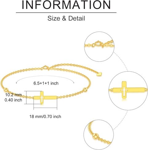 Silwan 14K الذهب الصليب سوار للنساء، الذهب الأصفر قابل للتعديل المعتقد الديني الصليب أساور الخرزة ربط سوار غرامة المجوهرات الهدايا لزوجتها أمي ابنة، 6.5 + 1 + 1 بوصة in Kuwait