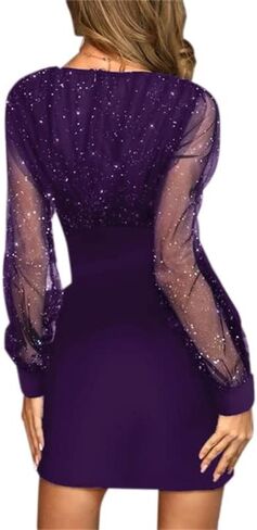 AIBEARTY Women's Sexy Wrap V-Neck Mesh Sequins Long Sleeve Dress Bodycon Elegant Banquet Cocktail Party Club Dress in Saudi Arabia