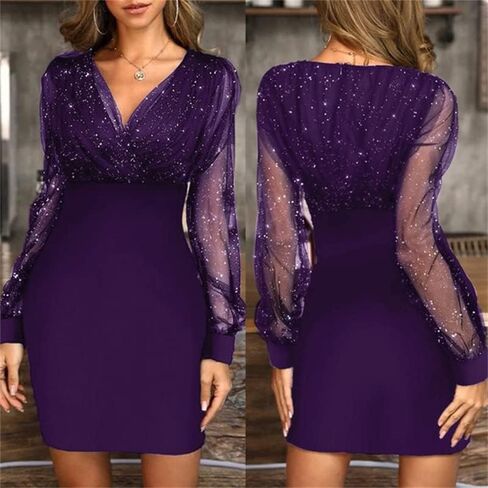 AIBEARTY Women's Sexy Wrap V-Neck Mesh Sequins Long Sleeve Dress Bodycon Elegant Banquet Cocktail Party Club Dress in Saudi Arabia