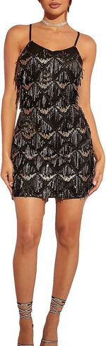 Verdusa Women's Sequin Spaghetti Strap Fringe Trim Contrast Tassel Cami Zipper Dress in Saudi Arabia