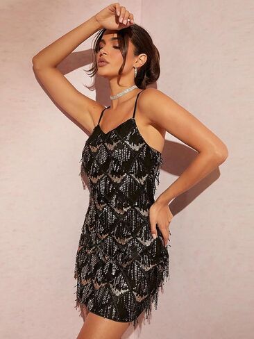 Verdusa Women's Sequin Spaghetti Strap Fringe Trim Contrast Tassel Cami Zipper Dress in Saudi Arabia