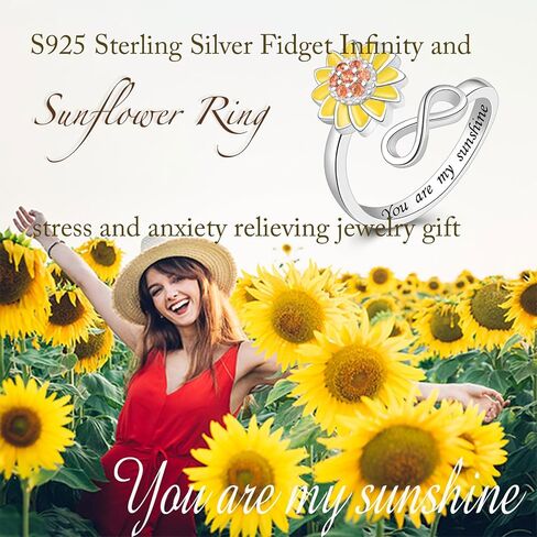 JLYY S925 Sterling Silver Fidget Ring for Women Adjustable Open Ring Sunflower You are My Sunshine Spinning Ring Anti Anxiety Stress Relief Spinner Gift for Teen Girls in Saudi Arabia
