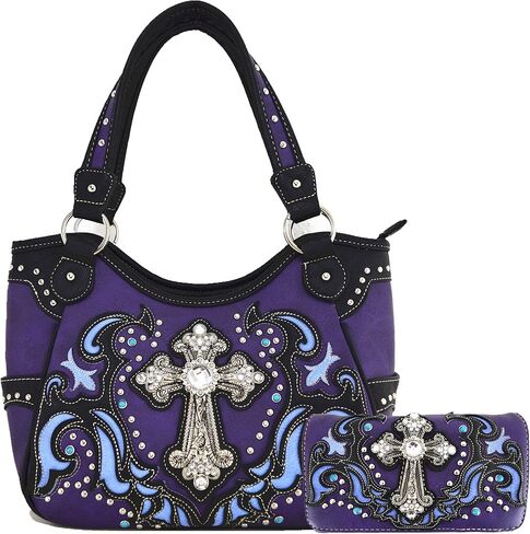 Western Style Rhinestone Cross Tote Concealed Carry Purse Laser Cut Handbag Women Shoulder Bag Wallet Set in Kuwait