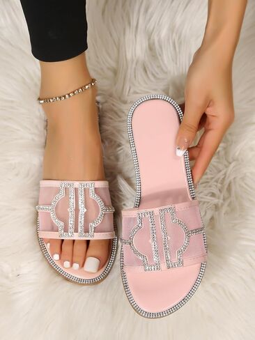 GORGLITTER Women's Rhinestone Flat Sandals Open Toe Slides Slip on Sparkly Sandals Pink 9 in Saudi Arabia