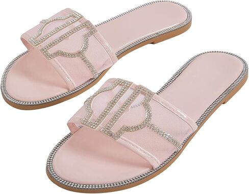 GORGLITTER Women's Rhinestone Flat Sandals Open Toe Slides Slip on Sparkly Sandals Pink 9 in Saudi Arabia