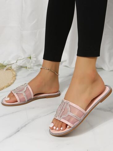 GORGLITTER Women's Rhinestone Flat Sandals Open Toe Slides Slip on Sparkly Sandals Pink 9 in Saudi Arabia