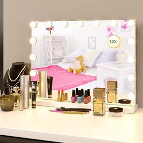 Vanity Mirror Makeup Mirror with Lights,10X Magnification,Large Hollywood Lighted Vanity Mirror with 15 Dimmable LED Bulbs,3 Color Modes,Touch Control for Bedroom,Tabletop or Wall-Mounted