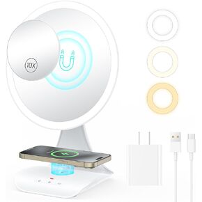 Gospire 9" Large Lighted Makeup Mirror with Wireless Charging, 2800mAh Rechargeable Vanity Mirror with Detachable 10X Magnification Mirror, 3 Color Lights, 60°Rotation, Standing Mirror for Desk