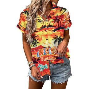 Hawaiian Shirts Women Hawii T Shirt: Women's Button down Shirt Tropical Printed T-Shirt Casual Short Sleeve Tops