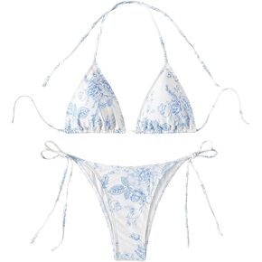 WDIRARA Women's Floral Print Halter Bikini Swimsuit Two Piece Tie Side Bathing Suit