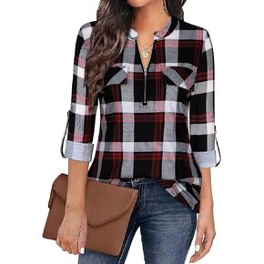 Tanst Sky Womens Casual Long Sleeve Zipped V Neck Plaid Tunic Blouses