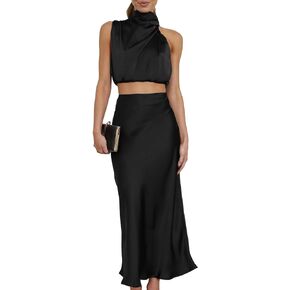 Black Satin Top Mock Neck Sleeveless with Satin Skirts For Women Cocktail Evening Party Reception Formal Wedding Date Night Outfit Womens Two Piece Outfits Summer Holiday Dress Sets Black S