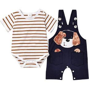 TOKIAGO Baby Boy Clothes Newborn Outfits Stripe Romper Infant Cute Cartoon Overall Adjustable Suspender Pants Set 0-18 Months