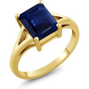 Gem Stone King 18K Yellow Gold Plated Silver Blue Sapphire Solitaire Engagement Ring For Women (2.45 Cttw, Emerald Cut 9X7MM, Gemstone September Birthstone, Available in Size 5,6,7,8,9)