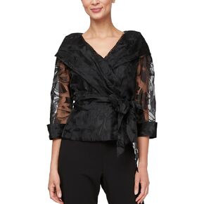 Alex Evenings Women's Portrait Collar Blouse, Black Burnout