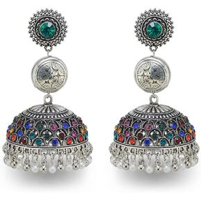 الفضة شرابة الخرز Jhumka Jhumki قطرة استرخى أقراط للنساء الفتيات خمر العتيقة بوهو الثريا جرس بيان كريستال أقراط الهندي العرقية نمط حفل زفاف المجوهرات التقليدية in Kuwait