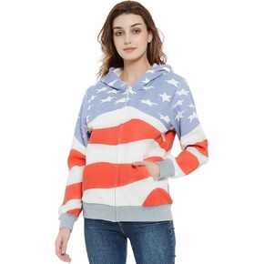 سترة Anna-Kaci النسائية العصرية الأمريكية الوطنية بعلم الولايات المتحدة الأمريكية بسحاب لأعلى وضلع بقلنسوة، سحاب، مقاس X-Large in Kuwait