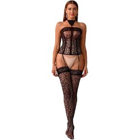 Women's Lace Lingerie Fishnet BobyStocking Suspender Halter Nightwear Flexible Sling Lace Horsiery