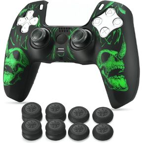 غلاف سيليكون منحوت بالليزر لوحدة تحكم PS5 × 1 (جماجم خضراء) مع مقابض إبهام حصرية × 8 in Kuwait