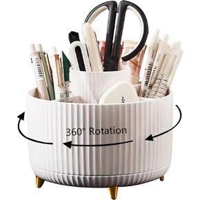 MUAMAX Desk Pencil Pen Holder, 360° Rotating Pencil Pen Organizers for Desk, 5 Slots Desktop Spinning Stationery Supplies Organizer, Cute Pencil Cup Pot for Office, School, Home, Art Supply, White