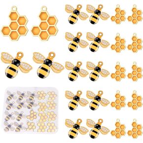 20 Pcs Alloy Enamel Bee Beads Sets, Rhinestone Honeycomb Pendants Honeybee for Craft Charms Bumble Bee Shape Charm Embellishments with Box for Earring Necklace DIY Jewelry Making