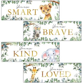 4 Pieces Kids Room Wall Decor Wooden Sign, 11.8" x 3.9" Jungle Animals Motivational Wall Art For Kids Room Nursery Playroom Classroom, You Are Loved/Brave/Kind/Smart-A06
