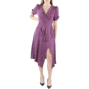 BCBGMAXAZRIA Women's Fit and Flare Cocktail Dress Faux Wrap Peplum Ruffle Elbow Puff Sleeve Asymmetrical Hem Front Slit