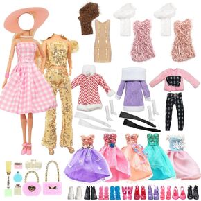 36 Pcs Doll Clothes for 11.5 inch Doll Include 1 The Movie Pink Dress 1 Sequn Outfits 1 Winter Set 3 Fashion Dress 1 Shawls 14 Makeup Kit 1 Hat 12 Shoes in Random Gift for Girls
