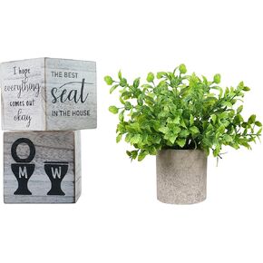 Dazingart Funny Bathroom Decor Signs, Farmhouse Six-Sided Block Decoration Rustic Wooden bathroom tiered tray decor Restroom Sign for Wall (Blocks+Plant)