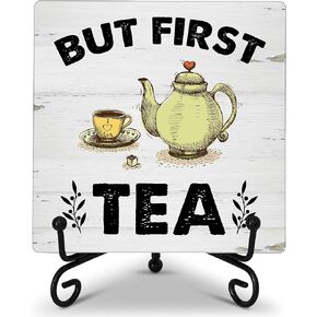 But First Tea Wooden Sign Desk Decor, Teapot and Teacup Wood Plaque with Support Stand, Desk Decorations for Home Kitchen Office Tea Room Desk Decor - B89