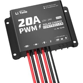 LiTime 12V/24V 20A PWM Controller, Solar Charging Controller with Built-in Bluetooth, IP68 Dust & Water Proof with Mounting Hole, Suitable for LiFePO4 Lithium Battery ,SLA, FLA, Gel.