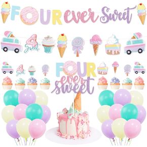 Four Ever Sweet Ice Cream Donut Birthday Party Decorations, Four Ever Sweet Party Banner Cake Cupcake Toppers Macaron Balloons for Kids Ice Cream 4th Birthday Party, Girls Donut 4th Birthday Party
