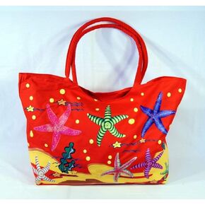 Water Resistent Jumbo Red Canvas Beach Tote Bag Sea Starfish Design Zipper Closure 24 X 15 X 6"