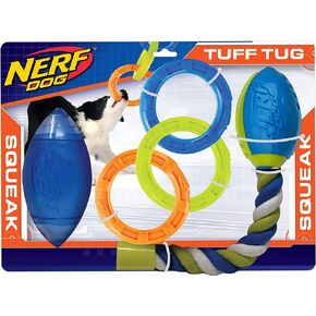 Nerf Dog 3-Piece Dog Toy Gift Set, Includes 7in TPR Classic Squeak Football, 10.5in TPR 3 Ring Tug, and 14.5in TPR 2-Part Nitro Blitz Squeak Football with Rope Tail, Nerf Tough Material, Multicolored