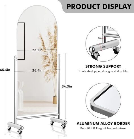 Full Length Mirror on Wheels 65"x23", Sleek Arched Mirror Floor Mirror with Stands & Rolling Wheels, Large Fashionable Tilting Swivel Mirror, Modern Dressing Mirror Full Body Mirror in Kuwait