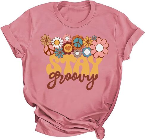 Retro Stay Groovy Shirt Womens Floral Hippie 70s Disco Outfits Casual Short Sleeve Tee Tops in Saudi Arabia