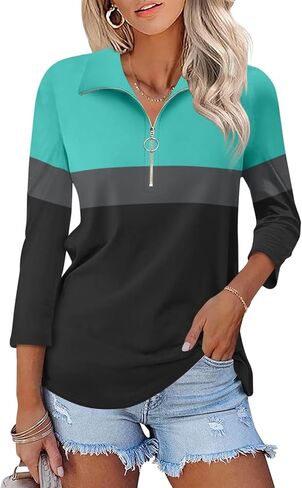 Women's 3/4 Sleeve Tops V Neck T Shirts Zipper Collared Polo Shirts in Saudi Arabia