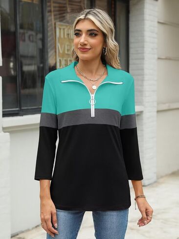 Women's 3/4 Sleeve Tops V Neck T Shirts Zipper Collared Polo Shirts in Saudi Arabia