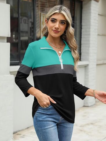 Women's 3/4 Sleeve Tops V Neck T Shirts Zipper Collared Polo Shirts in Saudi Arabia