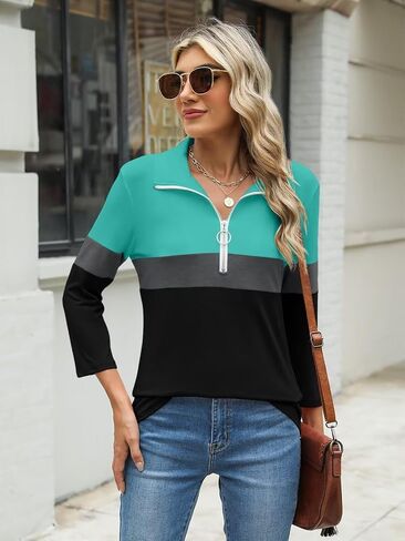 Women's 3/4 Sleeve Tops V Neck T Shirts Zipper Collared Polo Shirts in Saudi Arabia