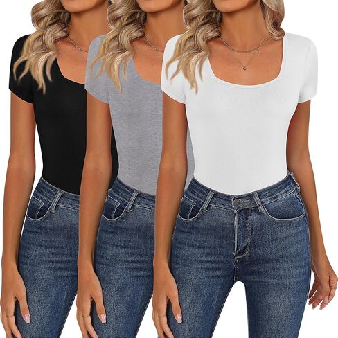 3 Pack Women Square Neck Tops, Short Sleeve T Shirts Slim Fit Casual Tunic Tops Solid Color Basic Summer Tee Shirts in Saudi Arabia