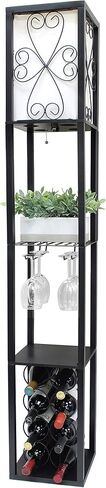 Simple Designs LF1015-BLK Three Shelf Etagere Organizer Storage and Wine Rack Floor Lamp with White Linen Shade, Black in Saudi Arabia