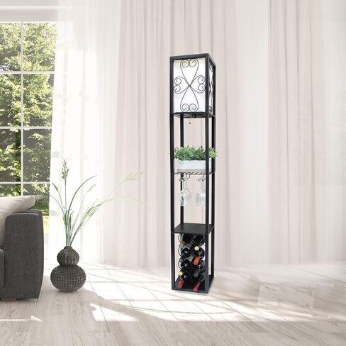 Simple Designs LF1015-BLK Three Shelf Etagere Organizer Storage and Wine Rack Floor Lamp with White Linen Shade, Black in Saudi Arabia